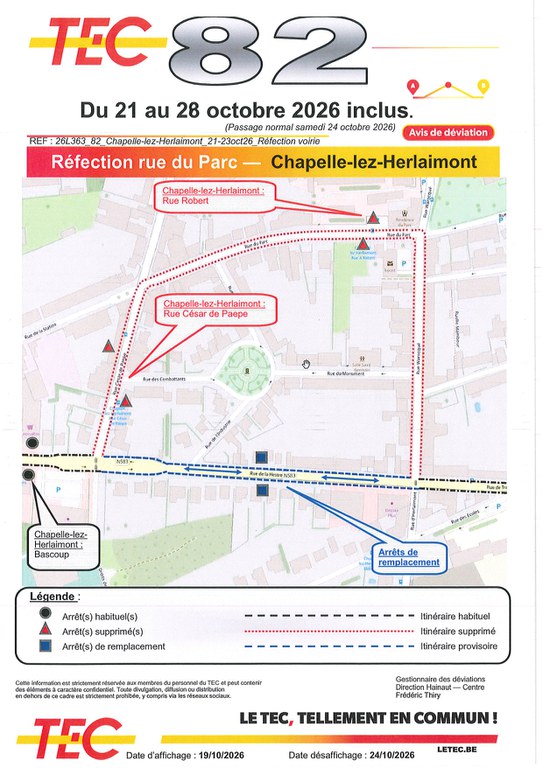 Travaux de voirie - Rue du Parc - Déviation TEC