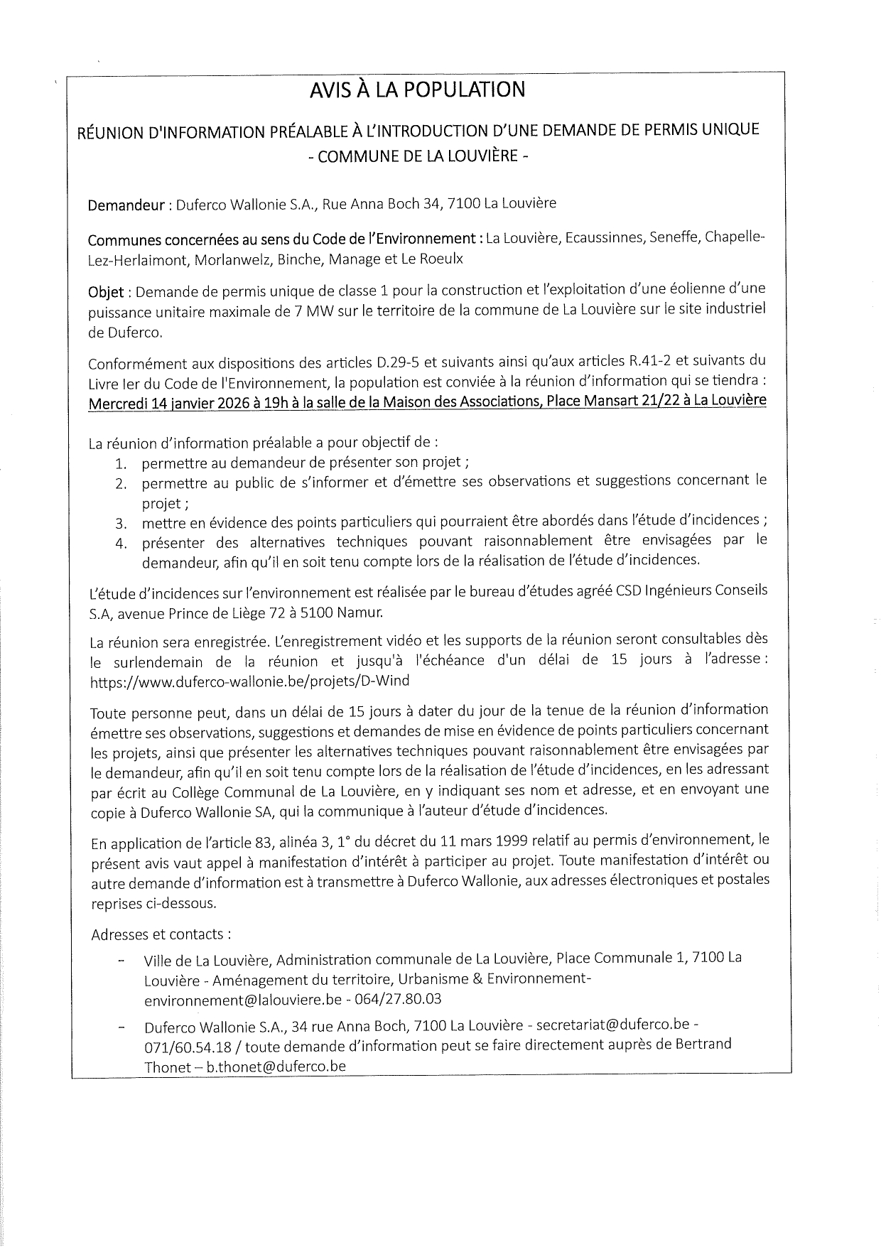 Réunion d'information péalable - Projet éolienne Duferco Réunion d'information péalable - Projet éolienne Duferco
